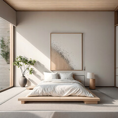 Interior of modern bedroom with white walls, wooden floor, comfortable king size bed with gray linen, wooden bedside tables and posters. 3d render