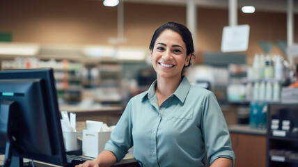 Beautiful and positive female cashier working on cash register in a modern supermarket.
