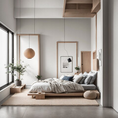 Interior of modern bedroom with white walls, wooden floor, comfortable king size bed with gray linen, wooden bedside tables and posters. 3d render