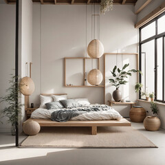 Interior of modern bedroom with white walls, wooden floor, comfortable king size bed with gray linen, wooden bedside tables and posters. 3d render
