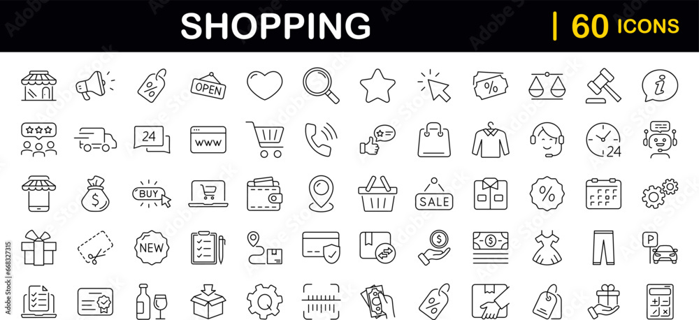 Aufkleber E-commerce and shopping set of web icons in line style. Shop icons for web and mobile app. Black Friday. Sale discount, mobile shop, digital marketing, delivery, bank card, gifts. Vector illustration