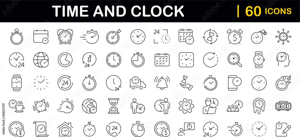 Leinwandbilder time and clock set of web icons in line style. time management. timer, speed, date, countdown, alarm