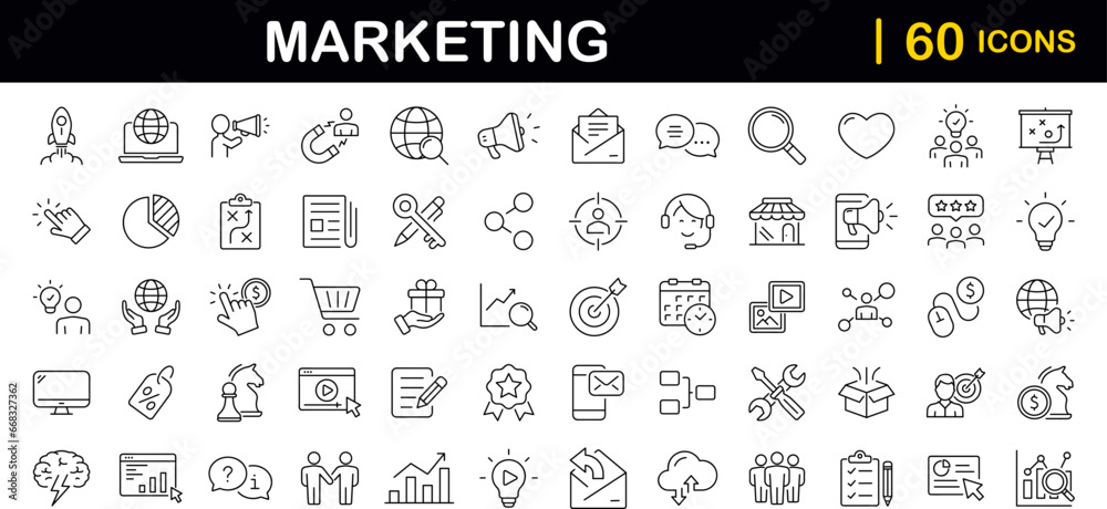 Poster Digital Marketing set of web icons in line style. Marketing icons for web and mobile app. Sales, e-commerce, SEO, business, feedback, analytics, ads, communication, content. Vector illustration
