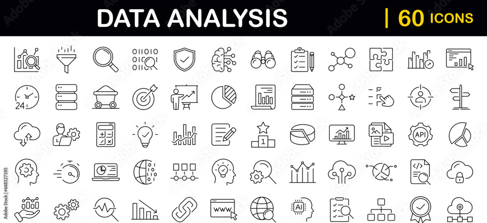 Fototapete Data analysis set of web icons in line style. Data analytics icons for web and mobile app. Graphs, traffic analysis, data processing, research network collection, statistics, analytics, performance.