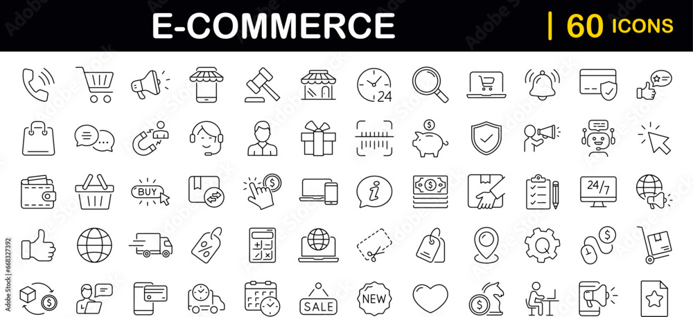 Poster E-Commerce set of web icons in line style. Online shopping icons for web and mobile app. Business, mobile shop, digital marketing, bank card, gifts, sale, delivery. Vector illustration