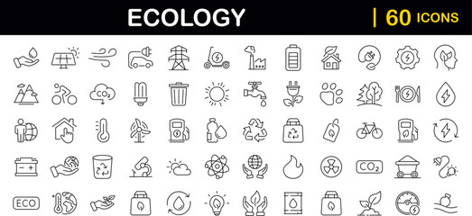 Ecology and Environment set of web icons in line style. Ecology and Energy icons. Eco friendly. Electric car, global warming, renewable energy, organic farming. Vector illustration