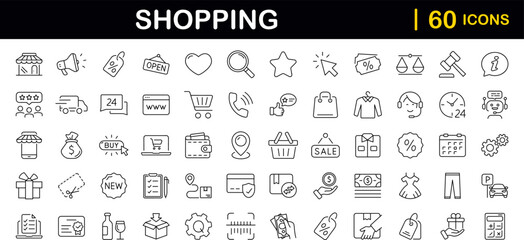E-commerce and shopping set of web icons in line style. Shop icons for web and mobile app. Black Friday. Sale discount, mobile shop, digital marketing, delivery, bank card, gifts. Vector illustration