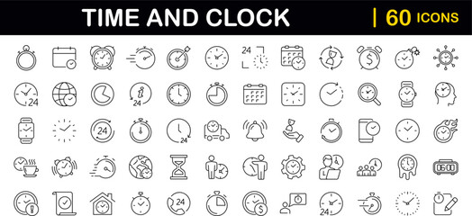 Time and Clock set of web icons in line style. Time management. Timer, Speed, Date, Countdown, Alarm, Recovery, Time, clock, watch, calendar simple icons for web and mobile app. Vector illustration