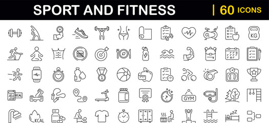 Fototapeta premium Sport and Fitness set of web icons in line style. Gym and health care. Healthy lifestyle icons. Nutrition and dieting, training, body care, healthy food, workout, muscle, weight and more