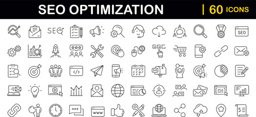 SEO Optimisation set of web icons in line style. Search Engine Optimization. Business, traffic, optimization, target. Search Engine and Marketing icons for web and mobile app. Vector illustration - obrazy, fototapety, plakaty
