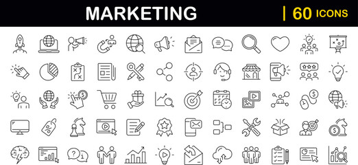 Digital Marketing set of web icons in line style. Marketing icons for web and mobile app. Sales, e-commerce, SEO, business, feedback, analytics, ads, communication, content. Vector illustration