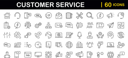 Customer service set of web icons in line style. Help and support. Support and service icons for web and mobile app. Online help, assistance, customer, 24 hrs, service and more. Vector illustration - obrazy, fototapety, plakaty