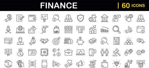 Finance set of web icons in line style. Money and Payment icons for web and mobile app. Money, payments, financial report, pay, banking, business, coin and more. Vector illustration - obrazy, fototapety, plakaty