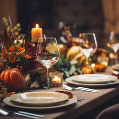 Fototapeta na wymiar A beautiful table setting for Thanksgiving dinner in a restaurant