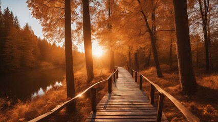 autumn in the forest panoramic autumn landscape wooden path fall nature background