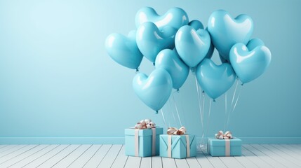 blue gift boxes and balloons on studio background - obrazy, fototapety, plakaty