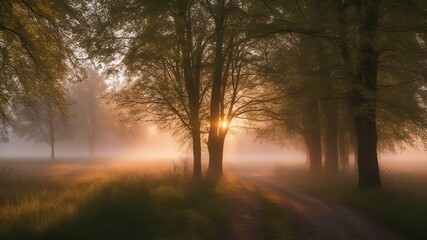 Naklejka na ściany i meble morning in the forest sunrise light nature and mist in spring, nature