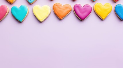 Obraz premium multicolor sugar glazed heart shaped cookies on the studio background, close up view, valentines day background