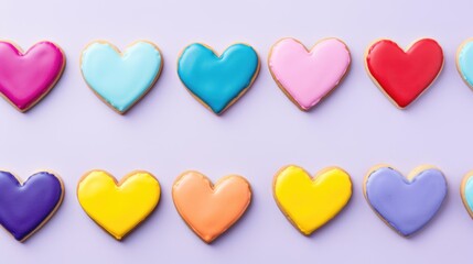 Obraz premium multicolor sugar glazed heart shaped cookies on the studio background, close up view, valentines day background