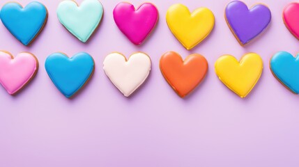 multicolor sugar glazed heart shaped cookies on the studio background, close up view, valentines day background