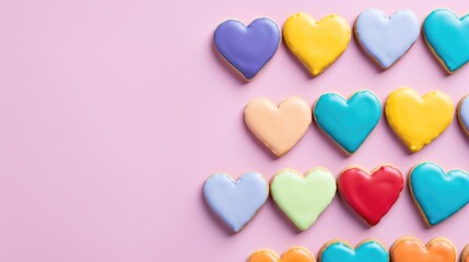 multicolor sugar glazed heart shaped cookies on the studio background, close up view, valentines day background