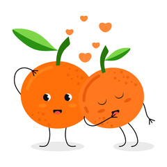 Cute cartoon tangerines hug each other and talk about their feelings. Vector flat illustration isolated on white background.