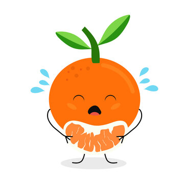 Сute cartoon tangerine is crying hard while holding a slice of tangerine  in his hands. Vector flat illustration isolated on white background.