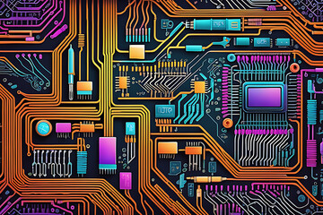 Intricacies of Electronics An Ultra HD Abstract Background Inspired by the Complex Patterns of Electronic Circuits, Featuring Circuit-Like Lines and Nodes in Vivid Electric Hues, for Tech