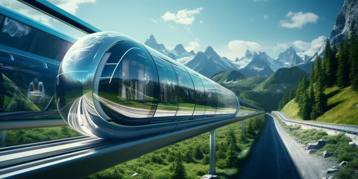 Hyperloop Train Encased in a Glass Tube Soars Across a Mountain Bridge, Marrying Advanced Transportation with the Enchanting Beauty of Mountain Scenery