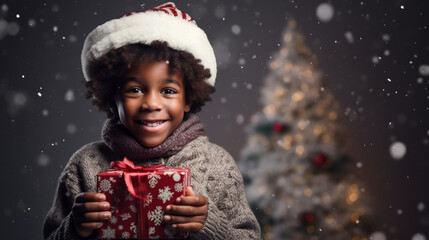 Black african american child with a Christmas present during Christmas time. Little child recieving...