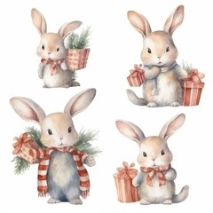 Obraz premium Set of Christmas watercolor hand drawn illustration of rabbits and bunnies. Decoration elements for the Christmas holiday