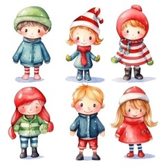 Set of Christmas watercolor hand drawn illustration of happy children in winter clothes. Cute Christmas holiday children