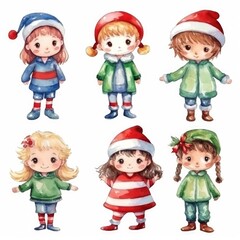 Set of Christmas watercolor hand drawn illustration of happy children in winter clothes. Cute Christmas holiday children