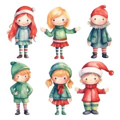 Set of Christmas watercolor hand drawn illustration of happy children in winter clothes. Cute Christmas holiday children