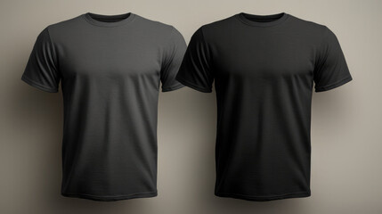 Two black T-shirts one size on a one color background. Mock up. Blank for creating promotional products with prints and logo