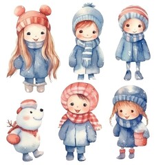 Set of Christmas watercolor hand drawn illustration of happy children in winter clothes. Cute Christmas holiday children