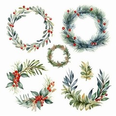 Fototapeta na wymiar Christmas wreath set watercolor hand drawn illustration. Decoration elements for the Christmas holiday
