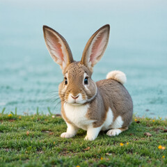Obraz premium Cute rabbit on green grass against the background of the sea. Generative AI