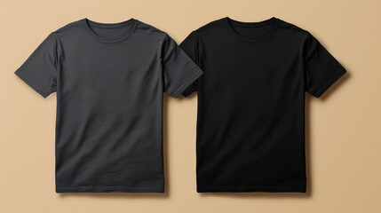 Two black T-shirts one size on a one color background. Mock up. Blank for creating promotional products with prints and logo