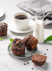 Chocolate muffins on a plate with mint on a light background with cup of coffee and milk. The concept of healthy homemade baked