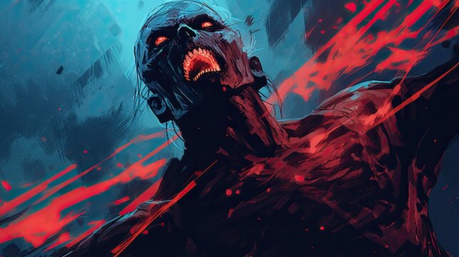 An evil monster in the dark. Grim image of a scary undead creature. The concept of horror and fear.