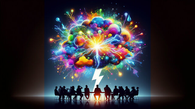 Brainstorm; a group of people under a vibrant, electrified thought bubble
