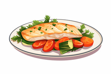Fish fillet with vegetables on a white plate isolated vector style illustration