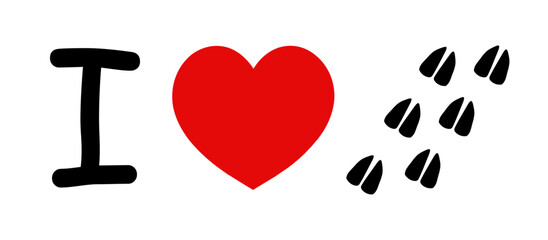 I Like Horses, Animals. Red heart shape and horse hoof foot print. Symbol of love for animal. Vector isolated. Postcard, emblem, icon, print, textile, stationery, sticker. I like deers.