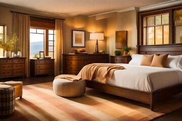 elegent room with bed, In a cozy bedroom adorned with warm colors and a painting, a nightstand, a pouf, and a plaid, a soft, golden light bathes the room