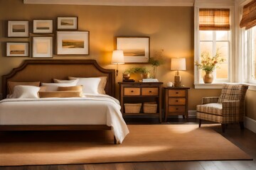 luxury hotel room with bed, In a cozy bedroom adorned with warm colors and a painting, a nightstand, a pouf, and a plaid, a soft, golden light bathes the room