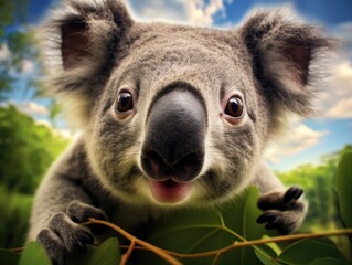 Obraz premium Close-up portrait of a koala. Detailed image of the muzzle. A wild animal is looking at something. Illustration with distorted fisheye effect. Design for cover, card, postcard, decor or print.