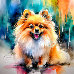 Adorable red dog sitting on a colorful background. AI generated.