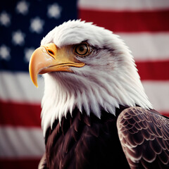 Naklejka premium Majestic bald eagle against the background of the American flag. AI generated.