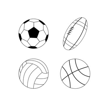 Isolated black doodle balls Basketball, Football, American Football, volleyball. Outline vector Icon